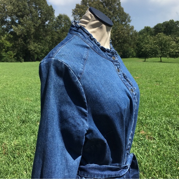 Biden Ruffle Collar & Trim Button Down Denim Shirt Dress Sz 16R - Picture 3 of 10